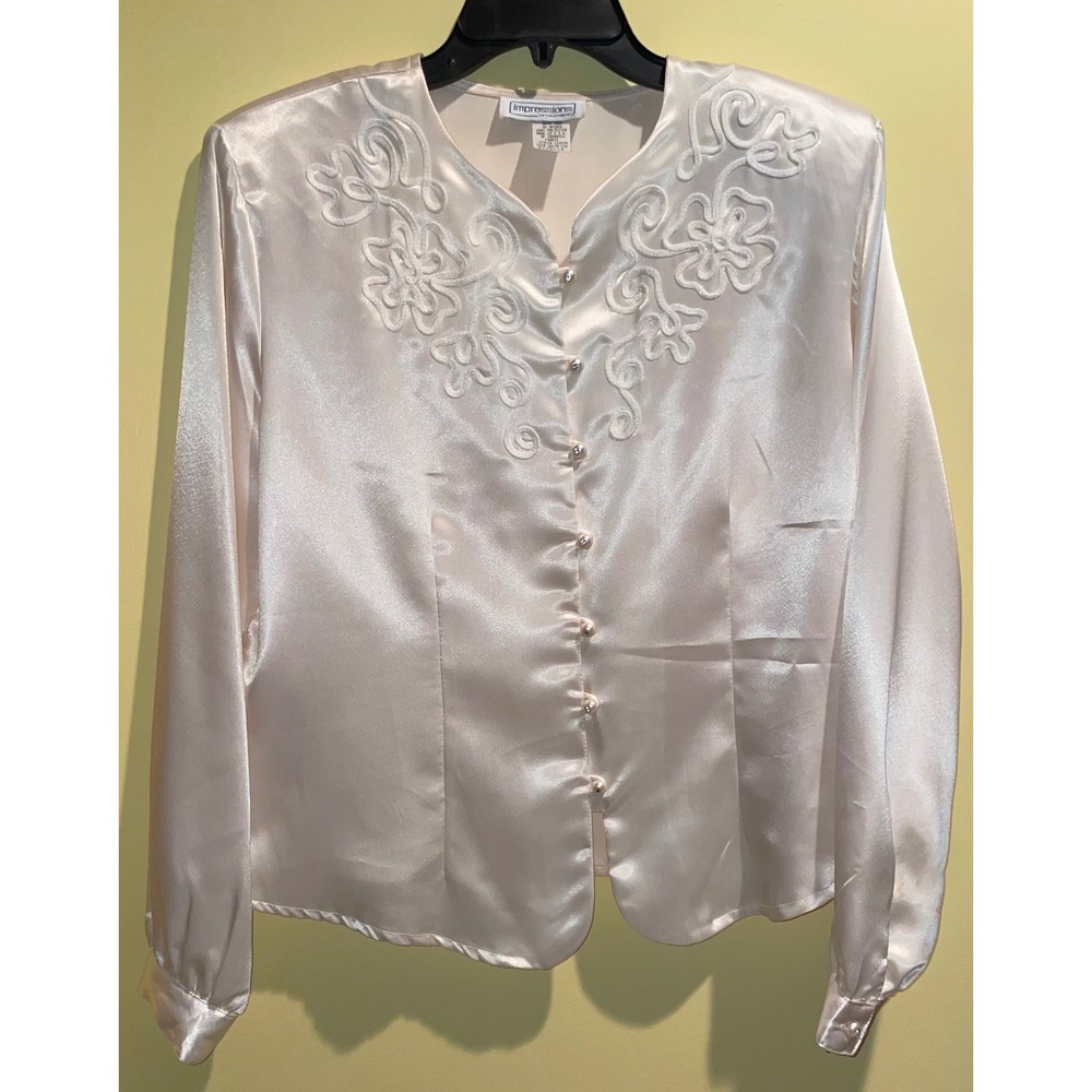 Impressions of California Vintage Satin Blouse Cream Pearl Button Embroidered 14